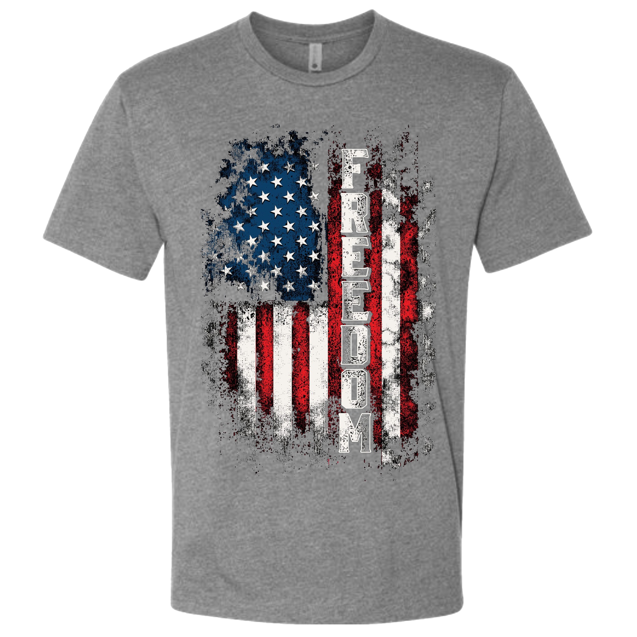 A Grey t-shirt with a patriotic design of a vertical American flag with red and white horizontal stripes, and blue cluster of stars.  The text design says "Freedom" in white.