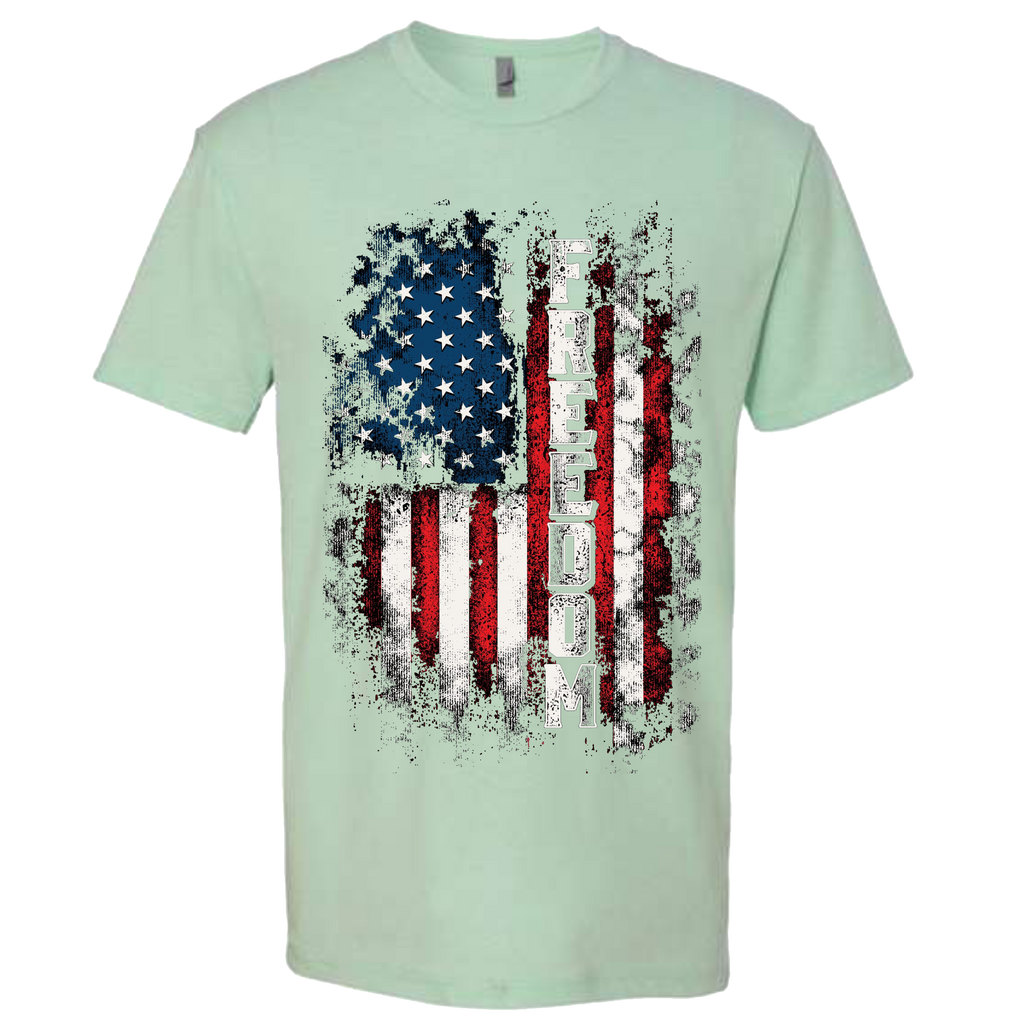A Mint t-shirt with a patriotic design of a vertical American flag with red and white horizontal stripes, and blue cluster of stars.  The text design says "Freedom" in white.