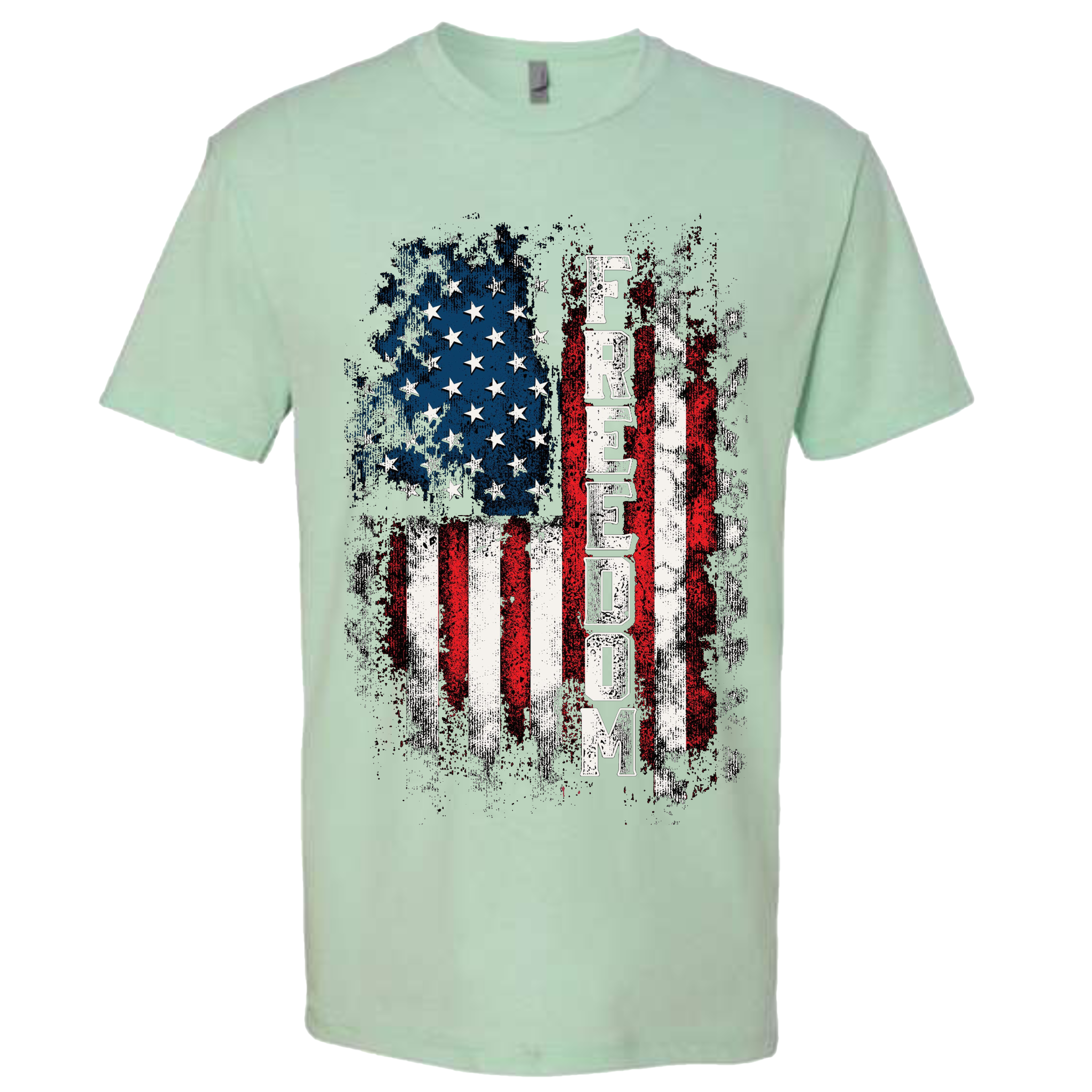 A Mint t-shirt with a patriotic design of a vertical American flag with red and white horizontal stripes, and blue cluster of stars.  The text design says "Freedom" in white.