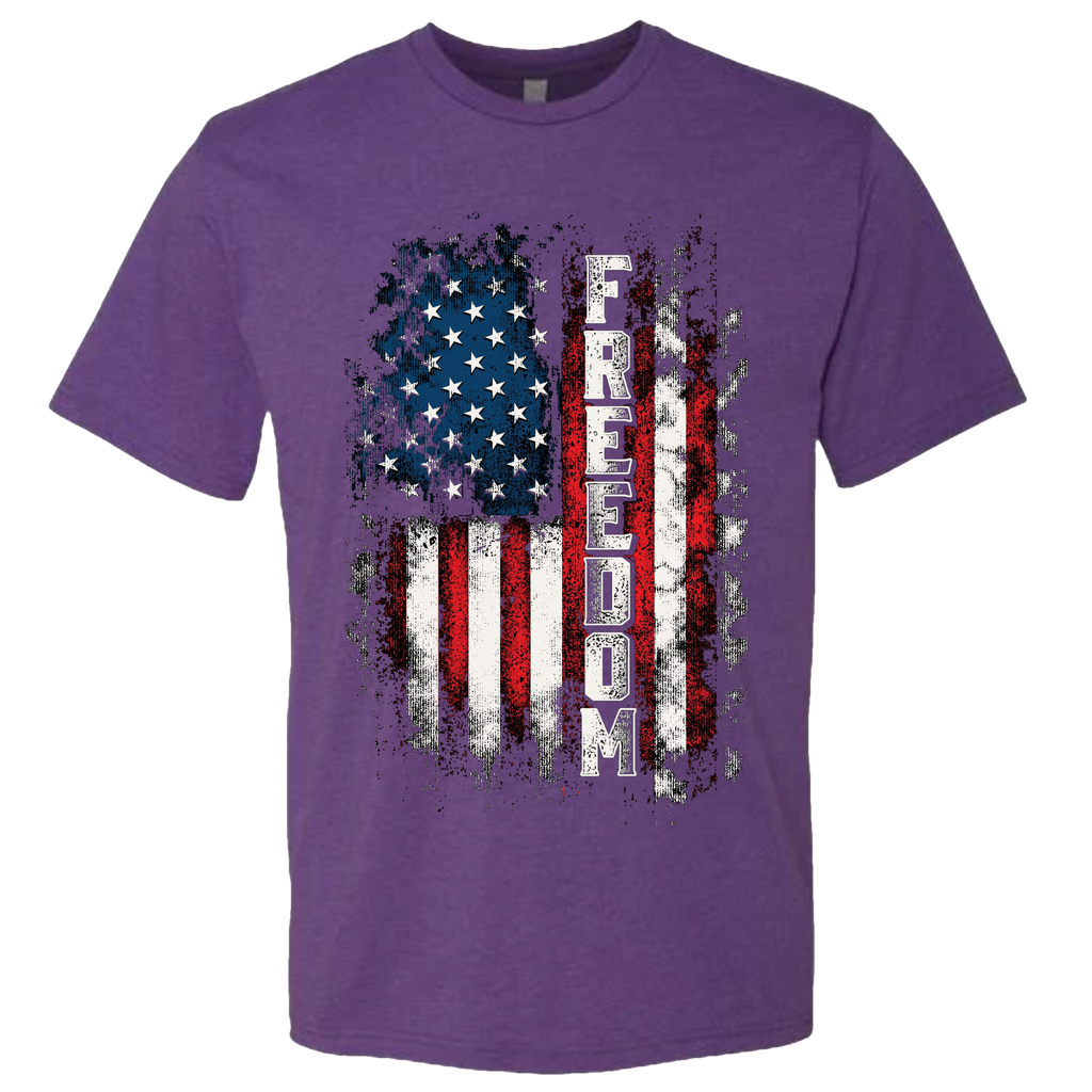 A Purple t-shirt with a patriotic design of a vertical American flag with red and white horizontal stripes, and blue cluster of stars.  The text design says "Freedom" in white.
