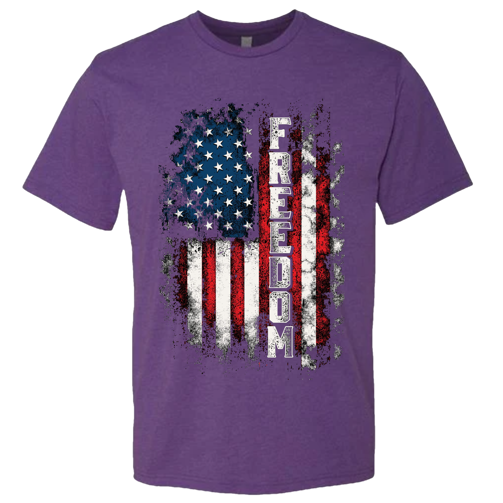 A Purple t-shirt with a patriotic design of a vertical American flag with red and white horizontal stripes, and blue cluster of stars.  The text design says "Freedom" in white.