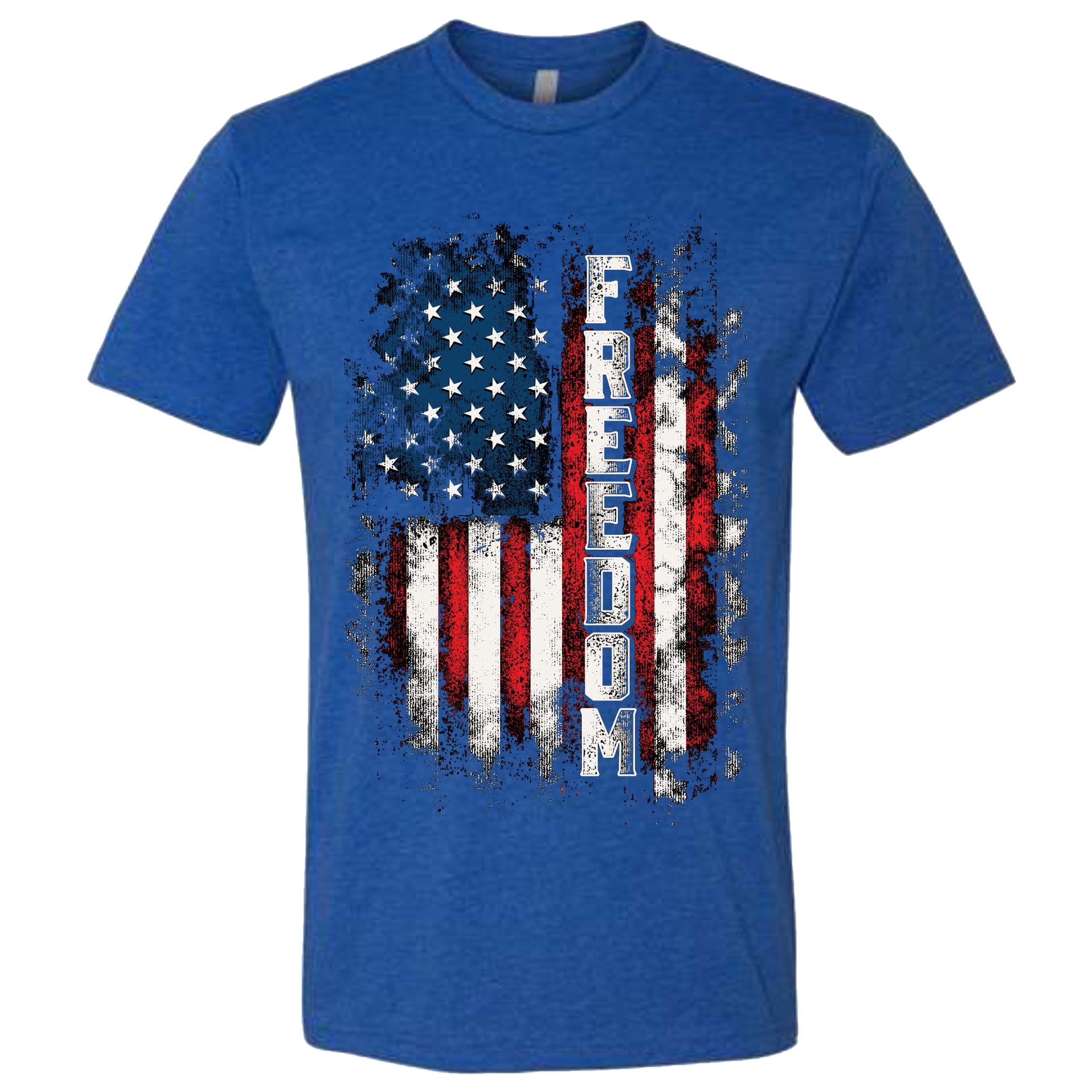 A Royal Blue t-shirt with a patriotic design of a vertical American flag with red and white horizontal stripes, and blue cluster of stars.  The text design says "Freedom" in white.