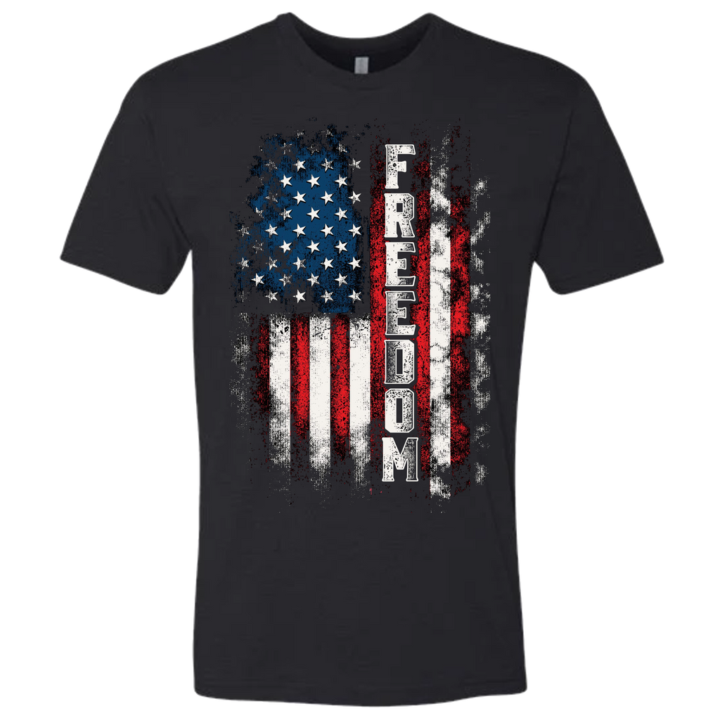 A black t-shirt with a patriotic design of a vertical American flag with red and white horizontal stripes, and blue cluster of stars.  The text design says "Freedom" in white.