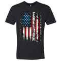 A black t-shirt with a patriotic design of a vertical American flag with red and white horizontal stripes, and blue cluster of stars.  The text design says "Freedom" in white.