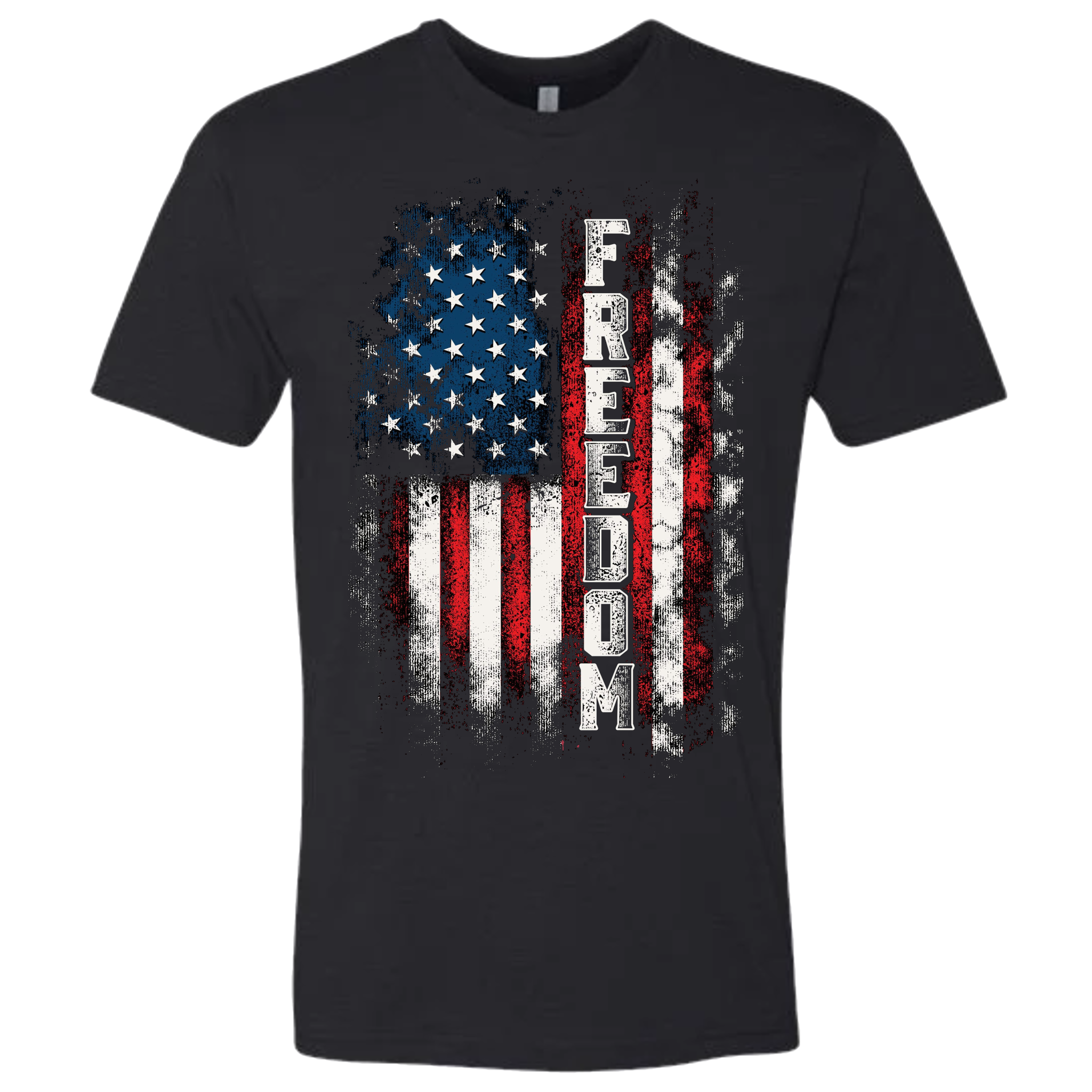 A black t-shirt with a patriotic design of a vertical American flag with red and white horizontal stripes, and blue cluster of stars.  The text design says "Freedom" in white.