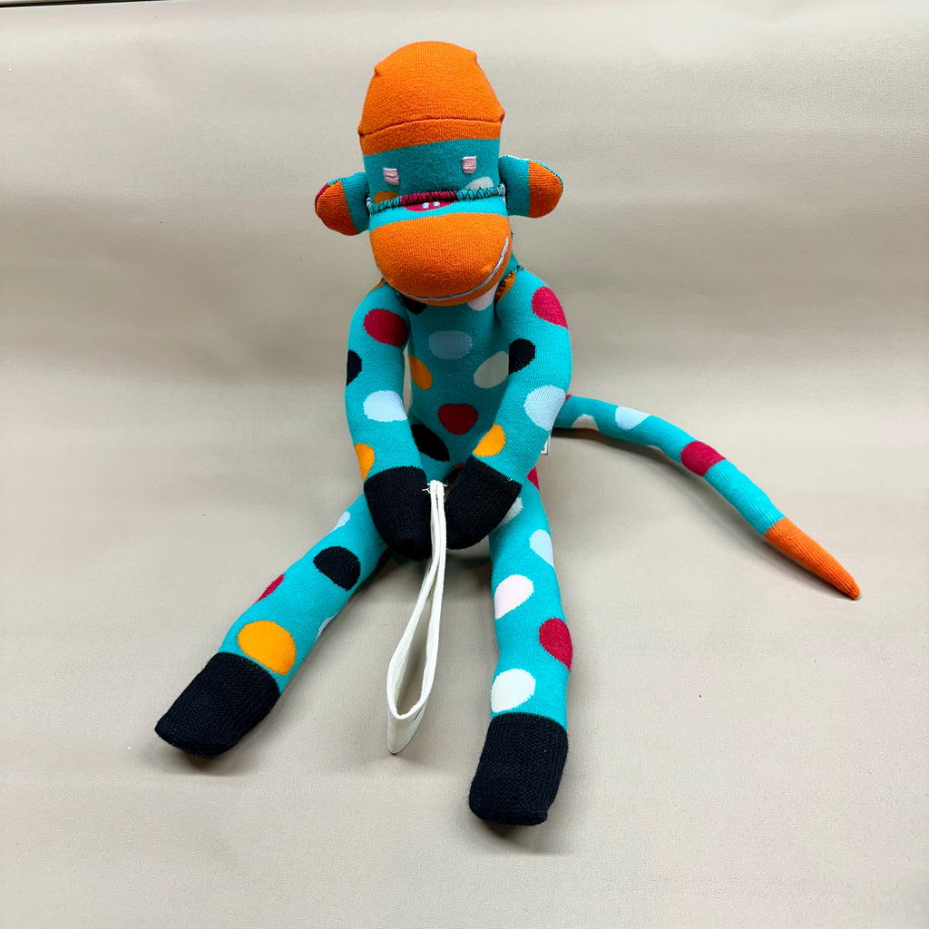 Sock Monkey - Blue with Colorful Dots, Orange Head & Black Paws