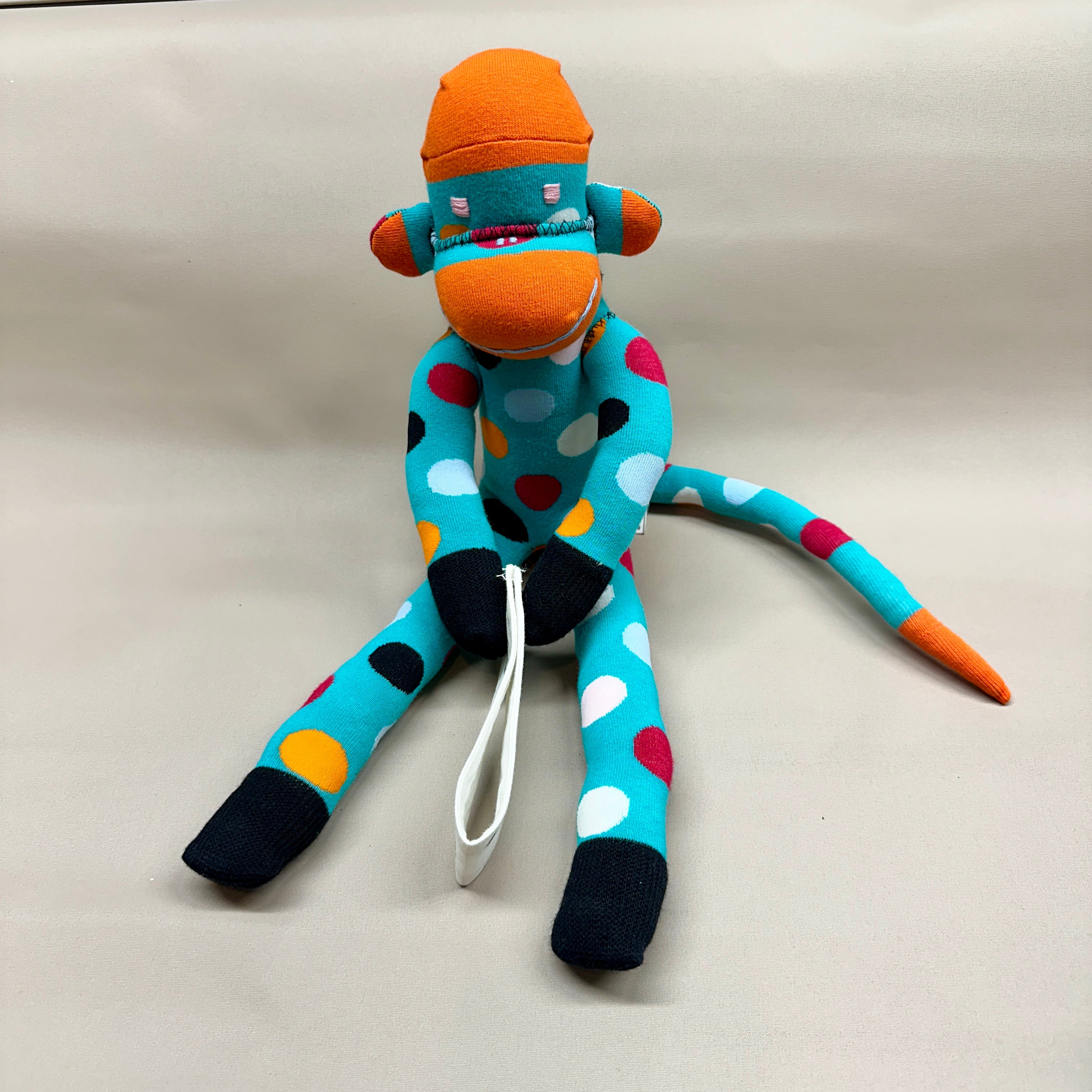 Sock Monkey - Blue with Colorful Dots, Orange Head & Black Paws