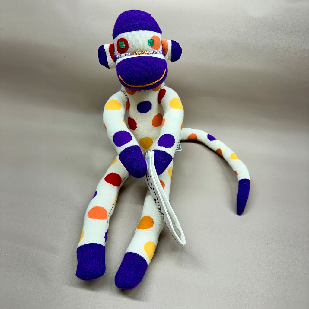 Sock Monkey - White with Colorful Dots, Purple Head & Paws