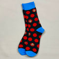 Black socks with red polka dots, blue heel, cuff, and toe
