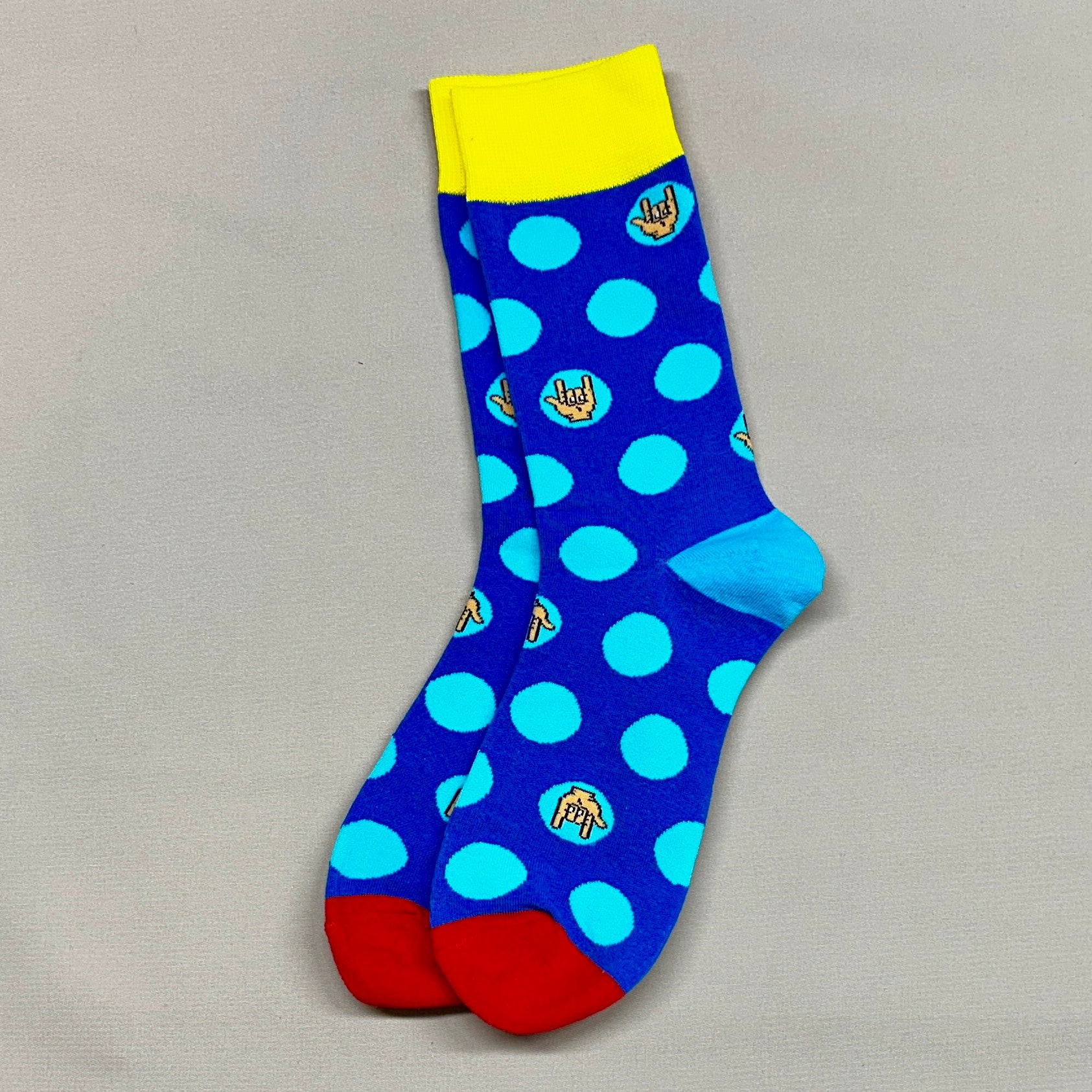 Royal Blue socks with light blue polka dots, yellow cuff, blue heel, red toe