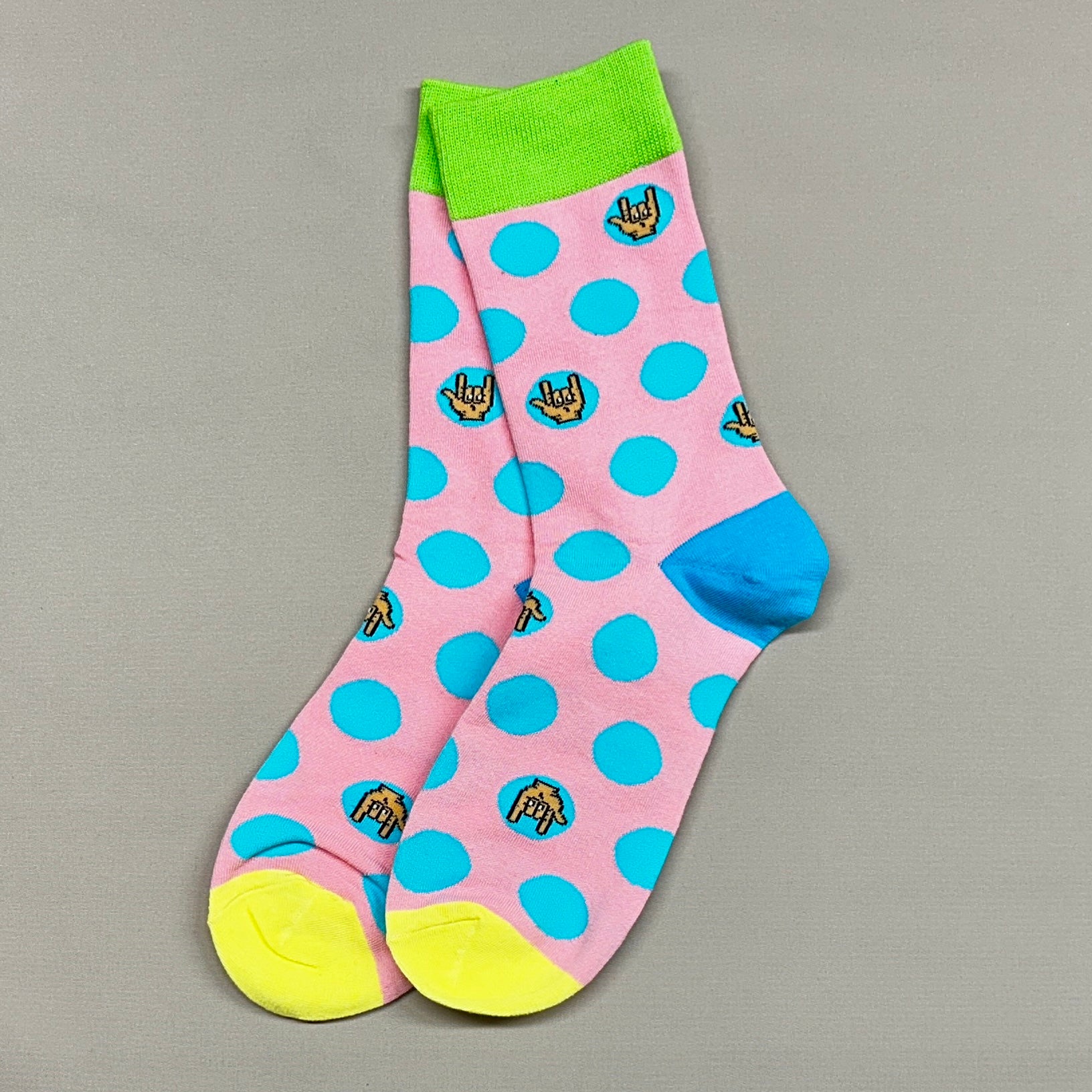 Pink Socks with Light Blue Polka Dots, Bright Green Cuff, Blue Heel, Yellow Toe