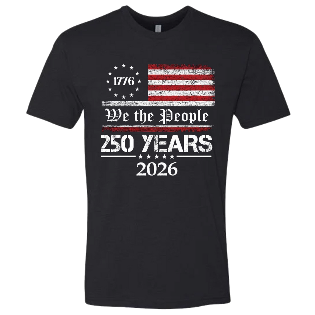 A Black t-shirt with a patriotic design.  An American flag with red and white horizontal stripes, with a circle of stars.  The text design says "We The People" and "250 Years 2026" in white.