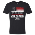 A Black t-shirt with a patriotic design.  An American flag with red and white horizontal stripes, with a circle of stars.  The text design says "We The People" and "250 Years 2026" in white.